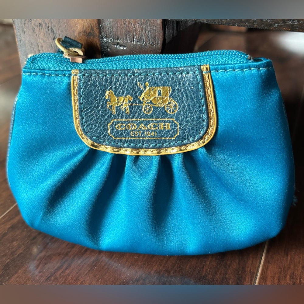 Coach Amanda Teal Satin Mini Skinny Zip Coin Purse - Picture 3 of 8
